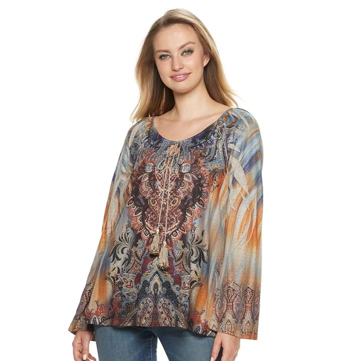 Women's World Unity Printed Peasant Top, Size: Small, Blue