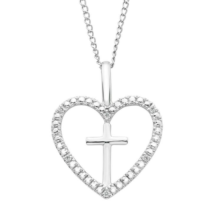 Sterling Silver Diamond Accent Cross & Heart Pendant Necklace, Women's, White