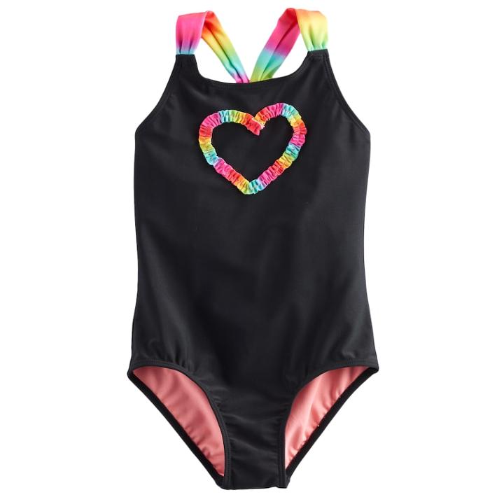 Girls 4-18 & Plus So&reg; Rainbow Heart Graphic One-piece Swimsuit, Size: 16, Black