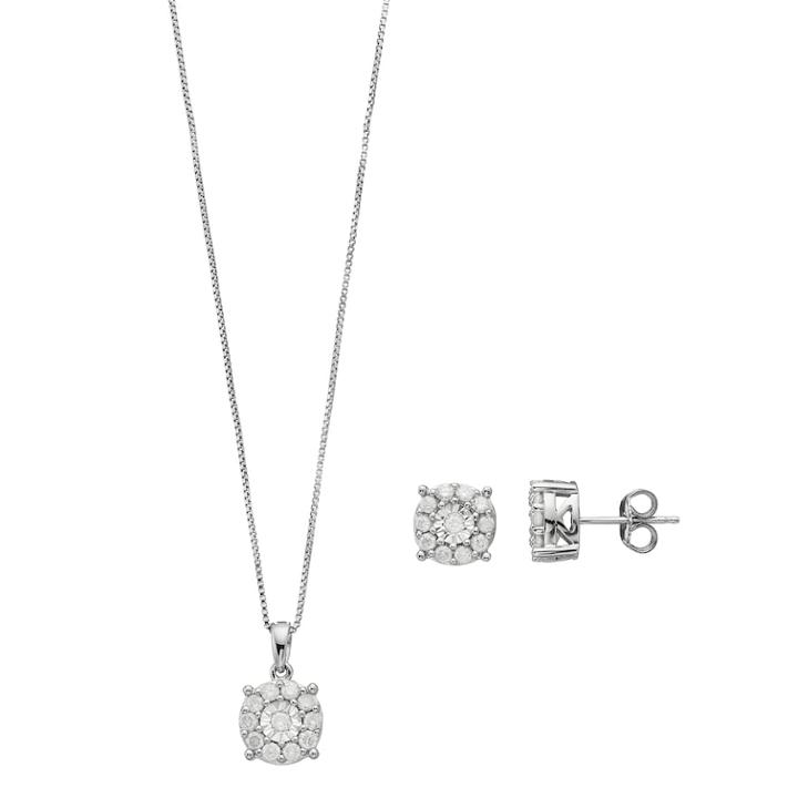 Sterling Silver 1 Carat T.w. Diamond Halo Pendant & Stud Earring Set, Women's, White