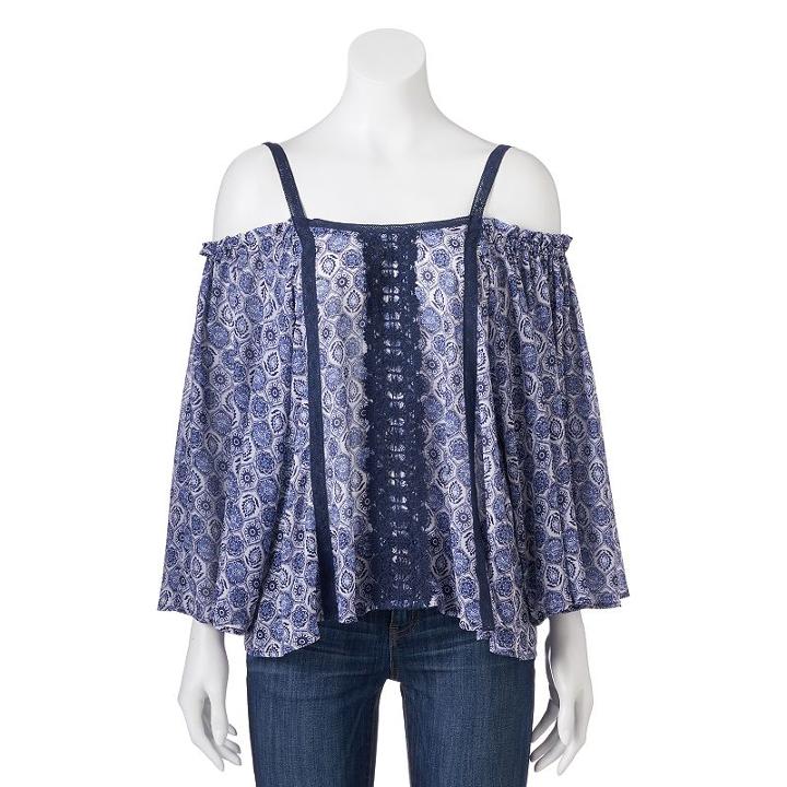 Juniors' Rewind Tile Cold Shoulder Top, Girl's, Size: Medium, Blue