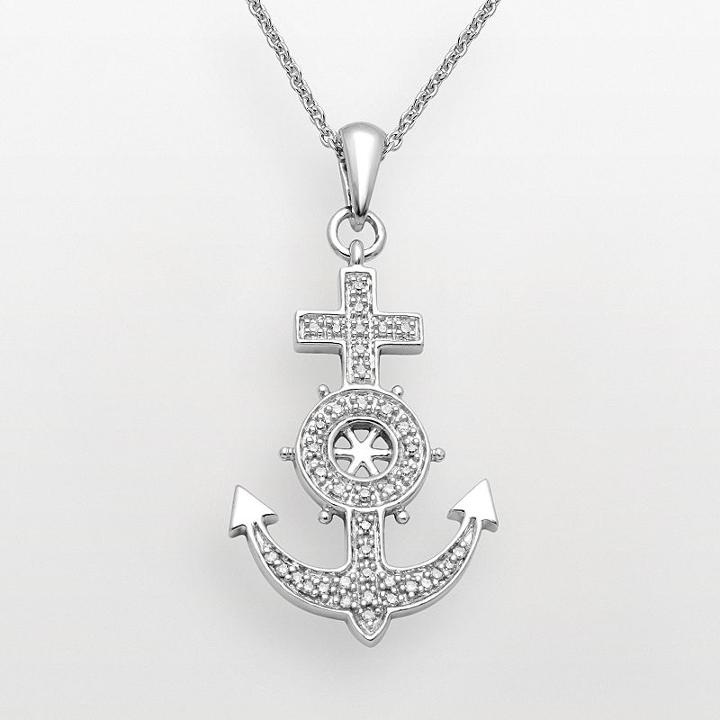 Sterling Silver 1/10-ct. T.w. Diamond Anchor Pendant, Women's, Size: 18, White