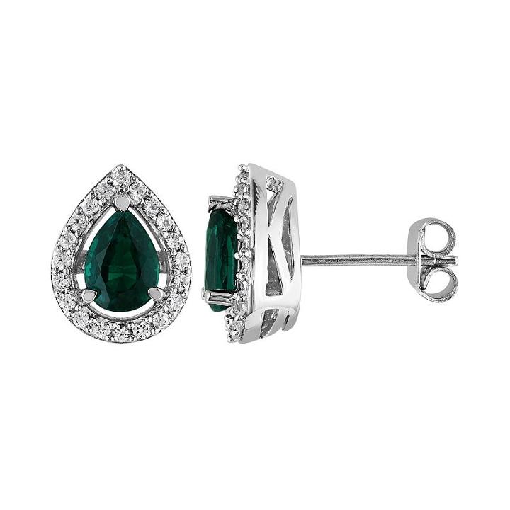 Lab-created Emerald And Lab-created White Sapphire Sterling Silver Teardrop Halo Stud Earrings, Women's, Green