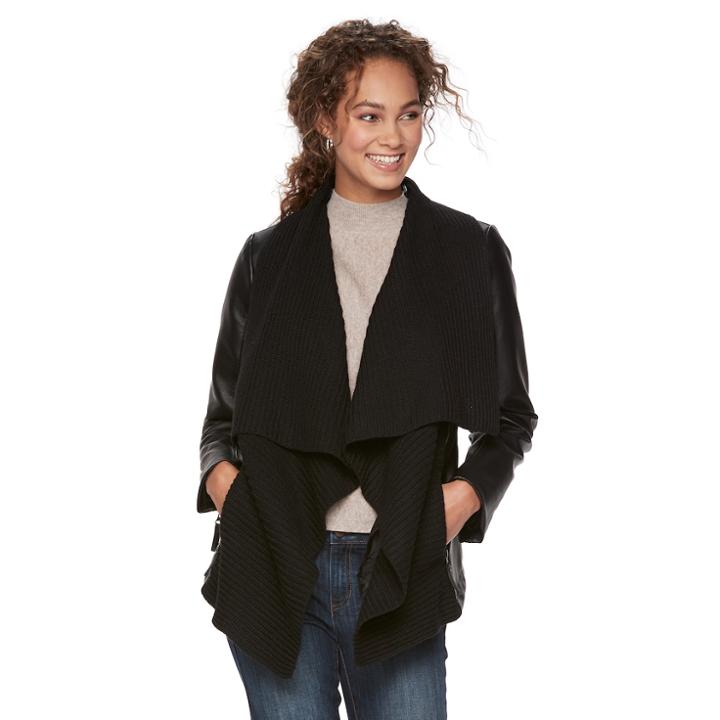 Women's Apt. 9&reg; Faux-leather Ribbed Sweater Jacket, Size: Xl, Black
