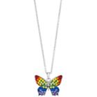 Silver Plated Crystal Rainbow Butterfly Pendant Necklace, Women's, Size: 18, Blue