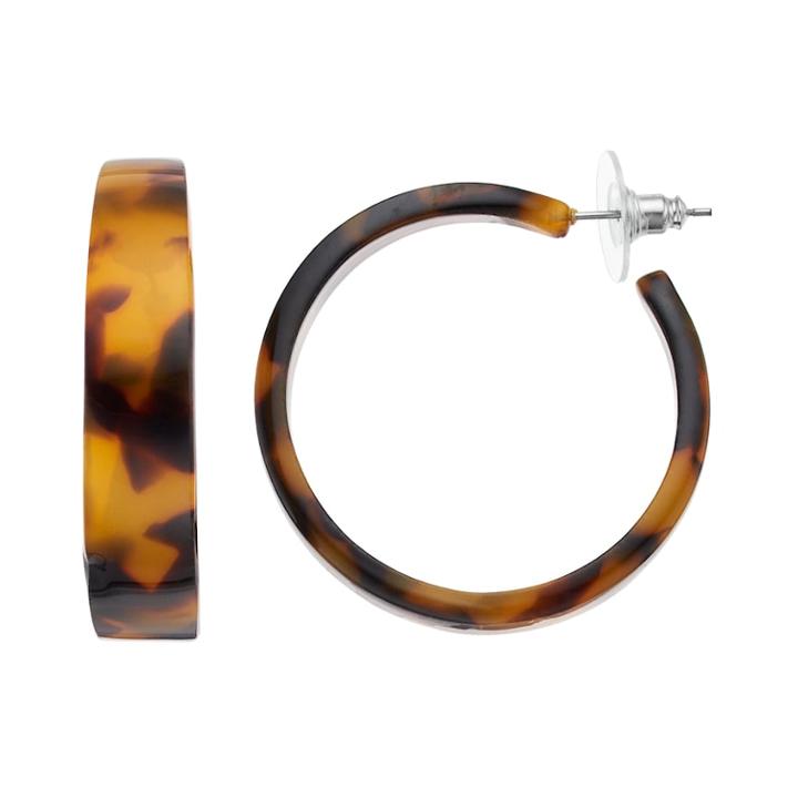 Tortoise Flat Tube Nickel Free Hoop Earrings, Women's, Brown