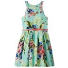 Girls 7-16 Knitworks Floral Textured Skater Dress With Necklace, Girl's, Size: 10, Green Oth