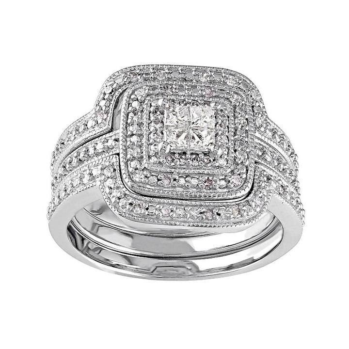 Sterling Silver 1/3 Carat T.w. Diamond Square Halo Engagement Ring Set, Women's, Size: 6, White