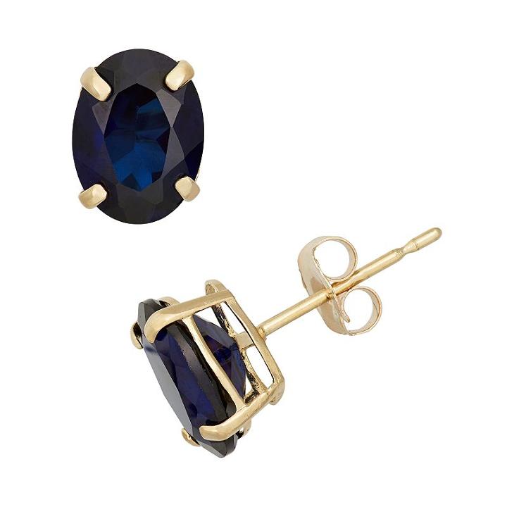 Lab-created Sapphire 10k Gold Oval Stud Earrings, Women's, Blue