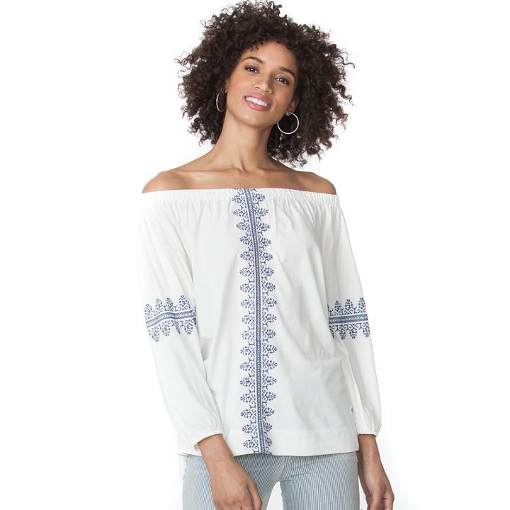 Petite Chaps Embroidered Peasant Top, Women's, Size: Xl Petite, White