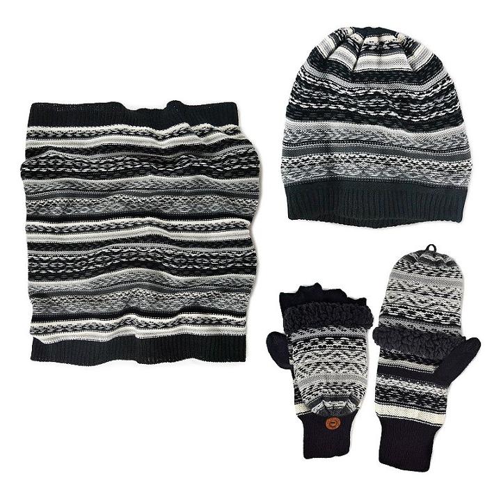 Muk Luks Fairisle Scarf, Beanie & Mittens - Men, Black