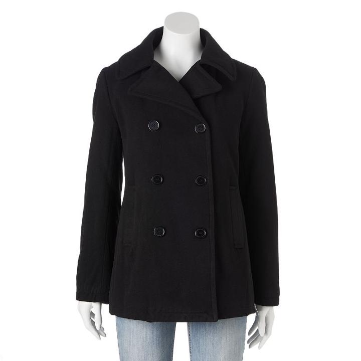 Women's Excelled Double-breasted Faux-wool Peacoat, Size: Large, Black