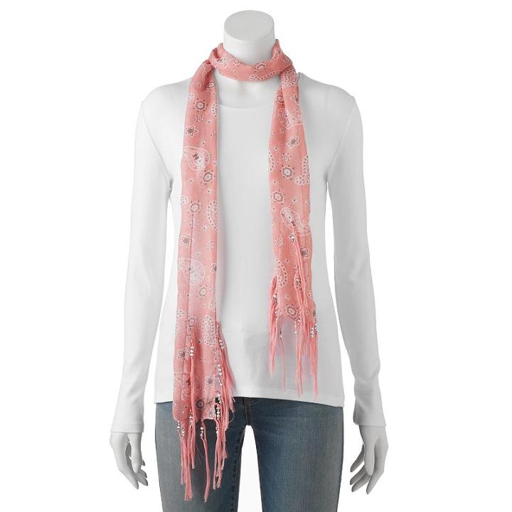Madden Nyc Beaded Fringe Paisley Skinny Scarf, Women's, Med Pink