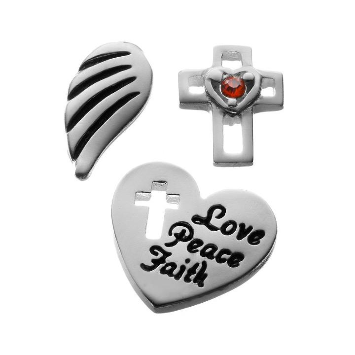 Blue La Rue Crystal Silver-plated Wing, Love, Peace, Faith Heart & Openwork Cross Charm Set, Women's, Silver