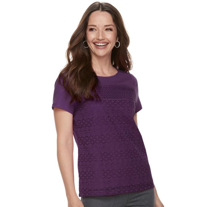 Petite Croft & Barrow&reg; Mixed Lace Short Sleeve Tee, Women's, Size: L Petite, Drk Purple