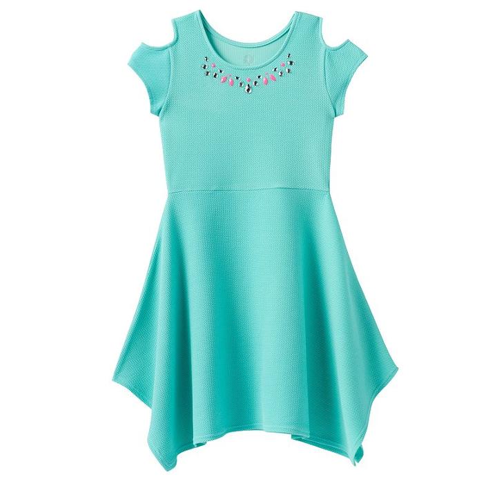 Girls 7-16 So&reg; Cold Shoulder Embellished Textured Handkerchief Hem Dress, Girl's, Size: Xl/14, Turquoise/blue (turq/aqua)