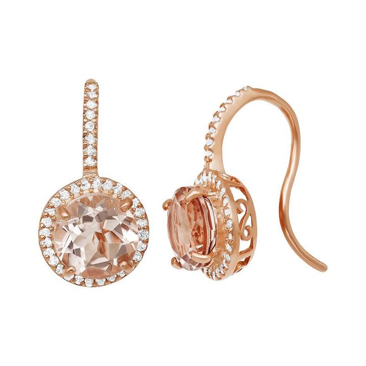 14k Rose Gold Over Silver Simulated Morganite And Lab-created White Sapphire Halo Drop Earrings, Women's, Pink