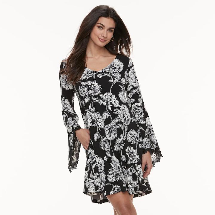 Women's Nina Leonard Floral Bell Sleeve A-line Dress, Size: Xl, Grey