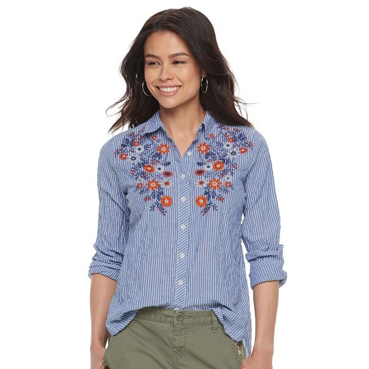 Petite Sonoma Goods For Life™ Embroidered Pinstripe Shirt, Women's, Size: S Petite, Dark Blue