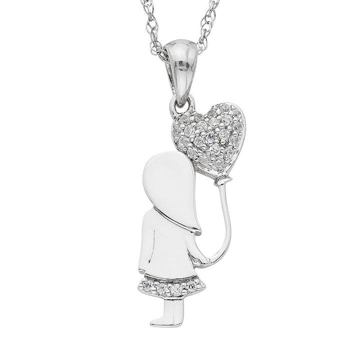 Charming Moments Sterling Silver 1/10 Carat T.w. Diamond Girl With Heart Balloon Necklace, Size: 18, White