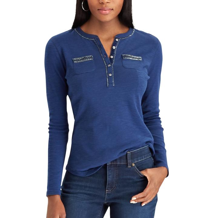 Petite Pocket Cotton Henley, Women's, Size: M Petite, Blue