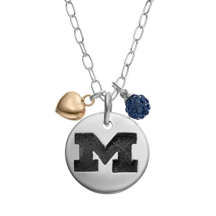 Fiora Crystal Sterling Silver Michigan Wolverines Team Logo & Heart Pendant Necklace, Women's, Size: 16, Blue