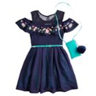 Girls 7-16 & Plus Size Knitworks Ruffle Cold Shoulder Belted Skater Dress With Necklace & Crossbody Purse, Size: 7, Blue (navy)