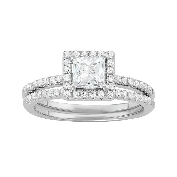 Sterling Silver Cubic Zirconia Square Halo Engagement Ring Set, Women's, Size: 6, White