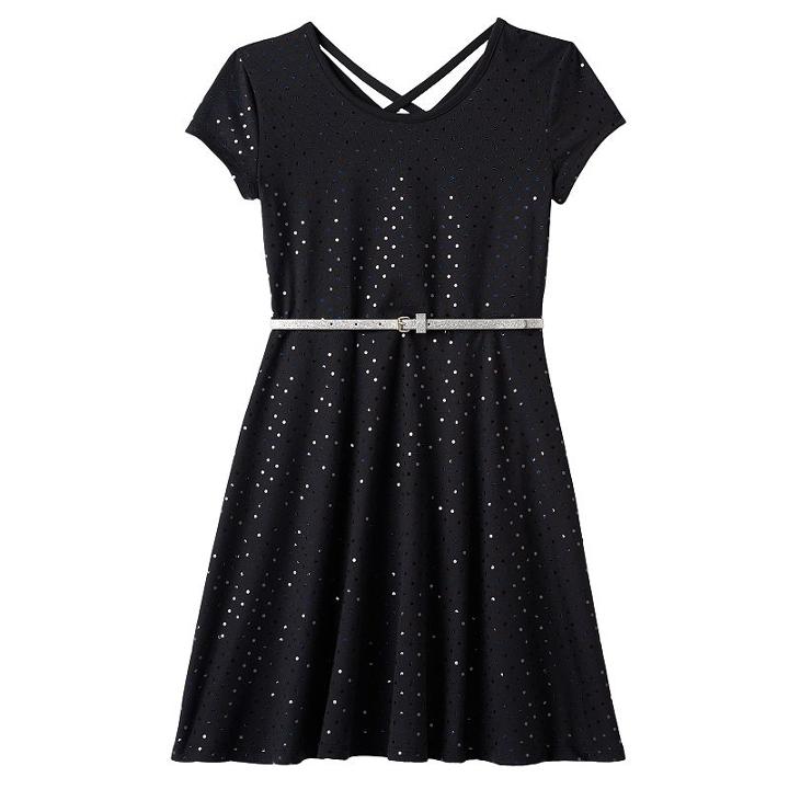 Girls Plus Size So&reg; Double Criss-cross Back Belted Skater Dress, Size: 16 1/2, Black