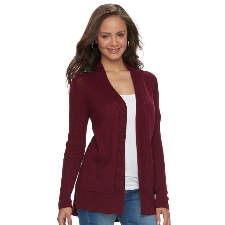 Juniors' So&reg; Rib Sleeve Open Front Cardigan, Teens, Size: Medium, Dark Pink