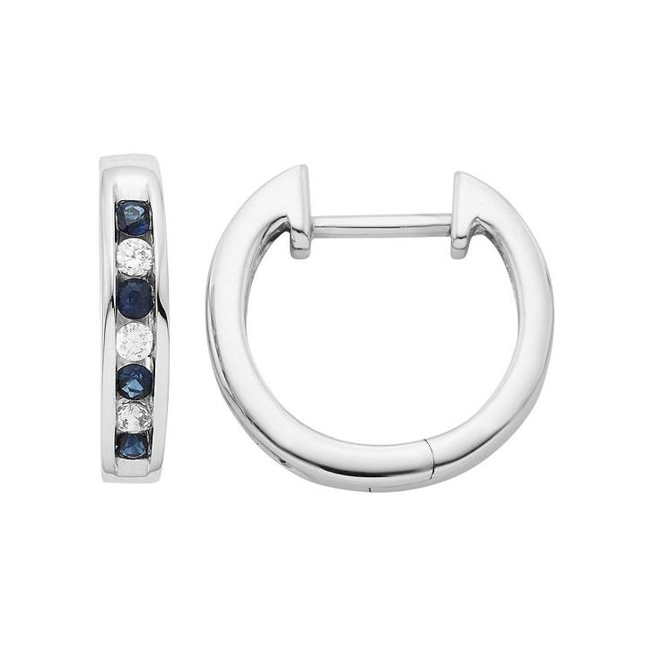14k White Gold 1/10 Carat T.w. Diamond & Sapphire Hoop Earrings, Women's, Blue