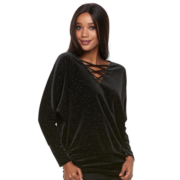 Women's Jennifer Lopez Velvet Glitter Lace-up Top, Size: Xl, Black