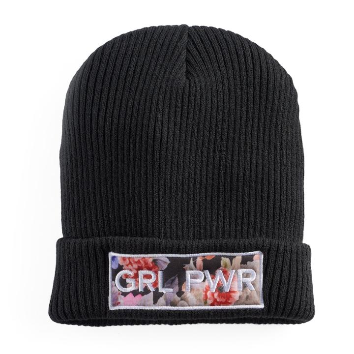 Women's Mudd&reg; Floral Grl Pwr Patch Beanie, Black