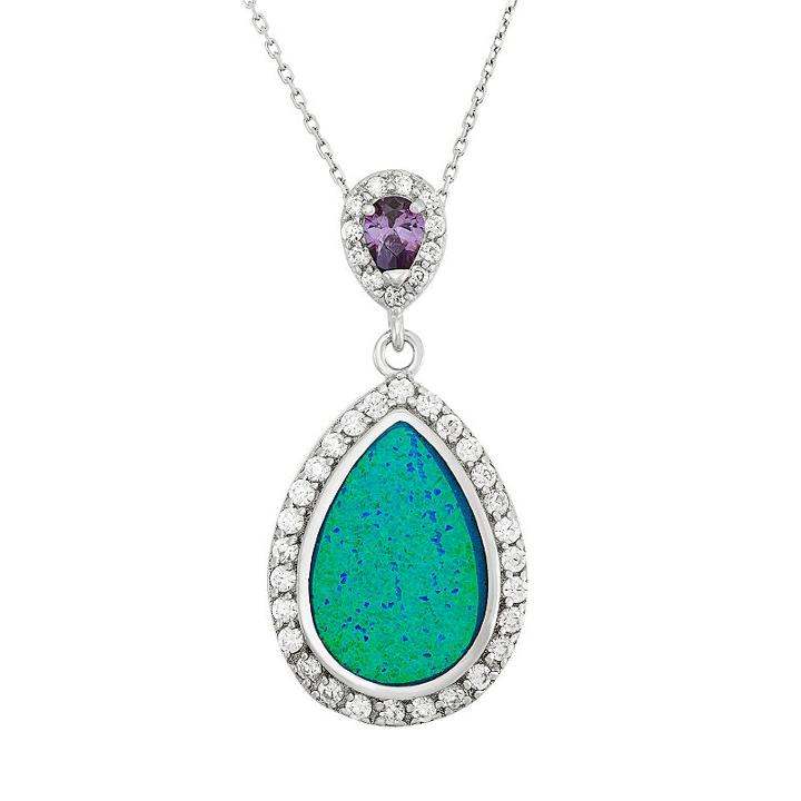 Lab-created Blue Opal & Cubic Zirconia Sterling Silver Teardrop Pendant Necklace, Women's, Size: 18, Multicolor