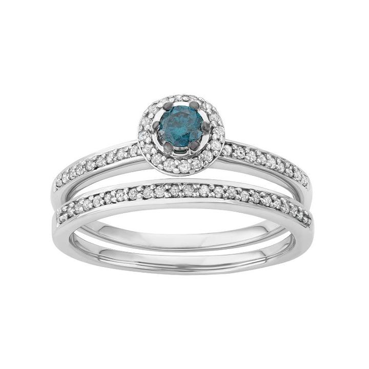 10k White Gold 1/2 Carat T.w. Blue & White Diamond Halo Engagement Ring Set, Women's, Size: 8
