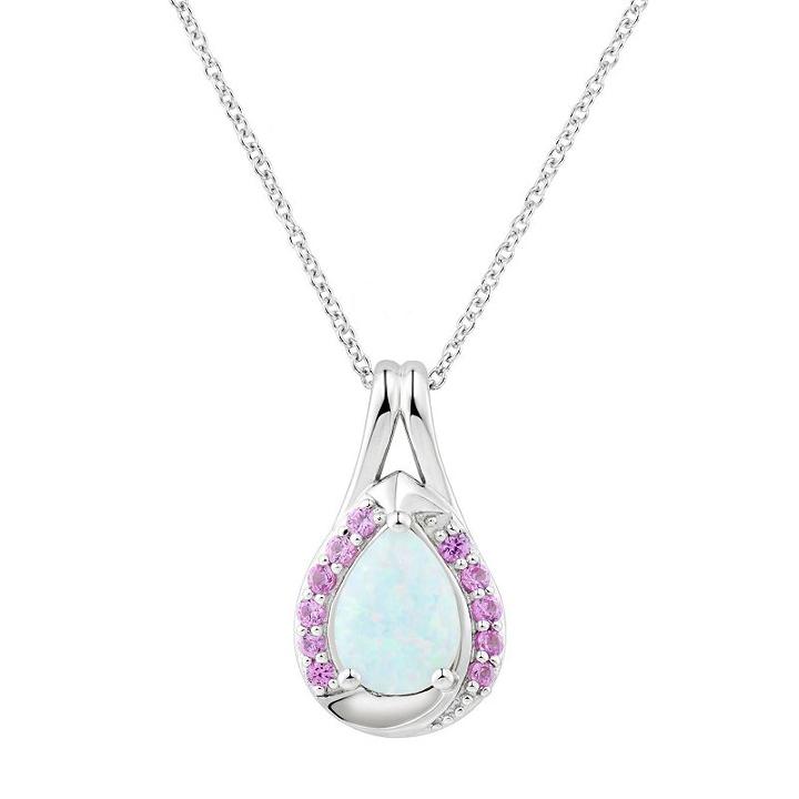 Sterling Silver Lab-created White Opal & Pink Sapphire Teardrop Halo Pendant Necklace, Women's, Size: 18
