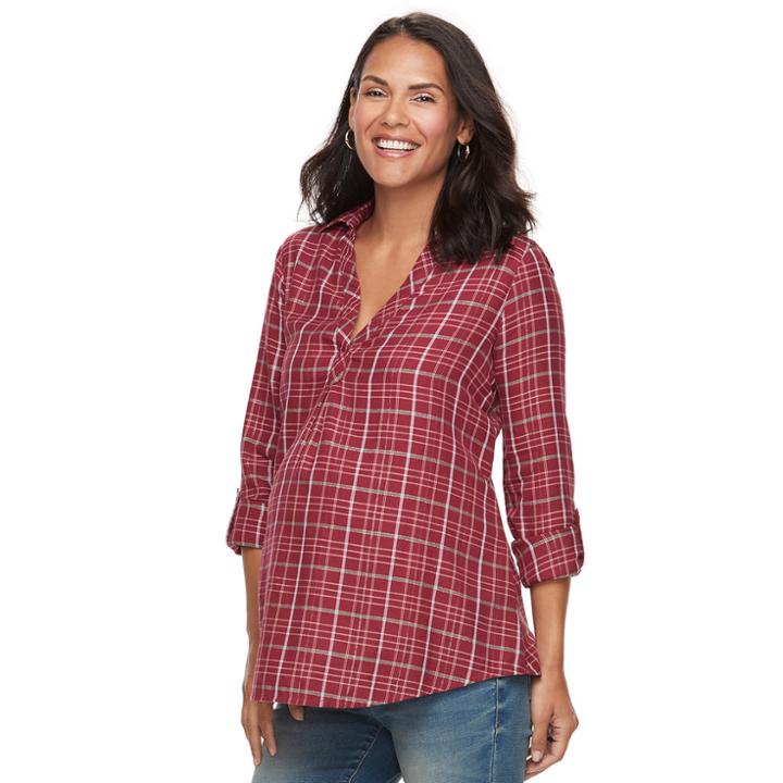 Maternity A:glow Plaid Flannel Tunic, Women's, Size: L-mat, Dark Red