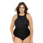 Juniors' Plus Size Costa Del Sol Striped Mesh High-neck One-piece Swimsuit, Size: 2xl, Black