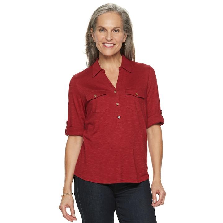 Women's Croft & Barrow&reg; Slubbed Roll-tab Shirt, Size: Small, Dark Red