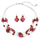Red Marbled Bead Multi Strand Necklace & Drop Earring Set, Women's