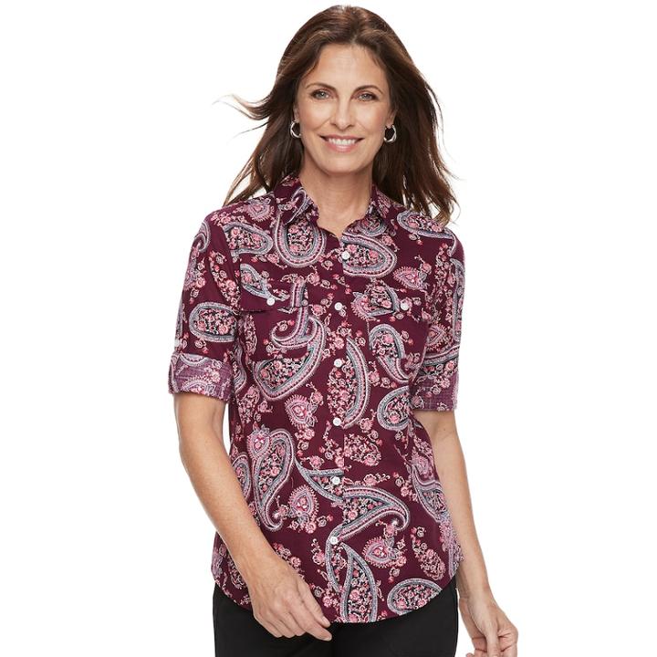 Women's Croft & Barrow&reg; Roll-tab Woven Shirt, Size: Small, Dark Red