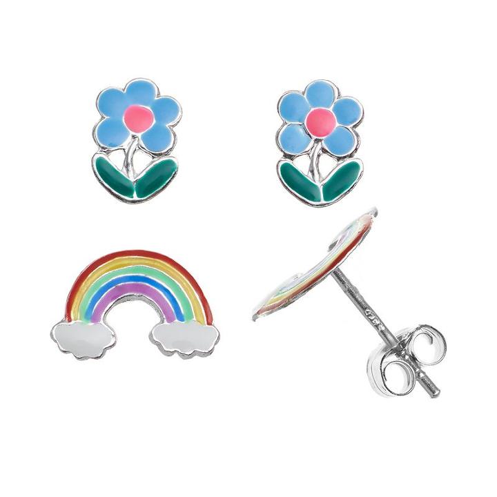 Charming Girl Sterling Silver Rainbow And Flower Stud Earring Set - Kids, Multicolor