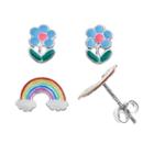 Charming Girl Sterling Silver Rainbow And Flower Stud Earring Set - Kids, Multicolor