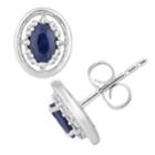 10k White Gold Sapphire & 1/8 Carat T.w. Diamond Oval Stud Earrings, Women's, Blue