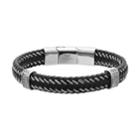 Lynx Men's Braided Leather & Stainless Steel Bracelet, Size: 8.5, Black