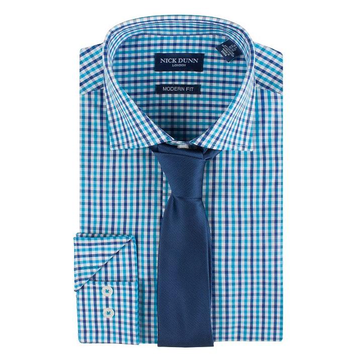 Nick Dunn, Men's Modern-fit Patterned Easy-care Spread-collar Dress Shirt & Tie Set, Size: S 34/35, Turquoise/blue (turq/aqua)