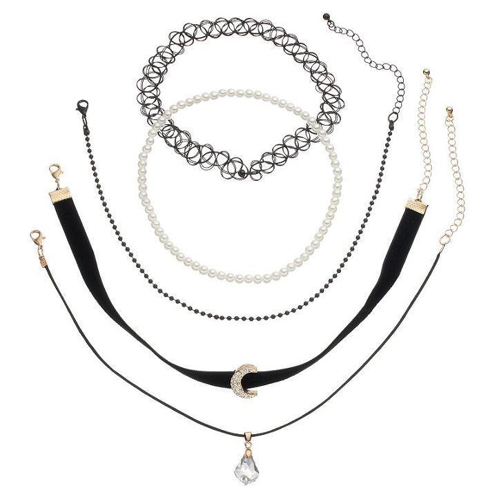 Mudd&reg; Moon, Briolette & Tattoo Choker Necklace Set, Girl's, Black
