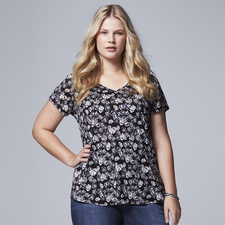 Plus Size Simply Vera Vera Wang Printed Rounded-hem Tee, Women's, Size: 0x, Dark Blue