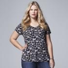 Plus Size Simply Vera Vera Wang Printed Rounded-hem Tee, Women's, Size: 0x, Dark Blue