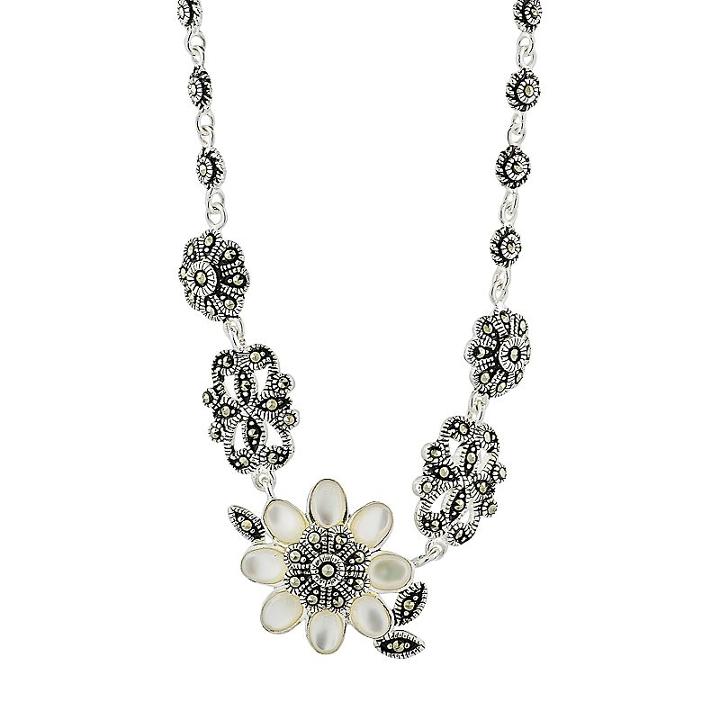 Le Vieux Mother-of-pearl And Marcasite Sterling Silver Flower Necklace - Made With Swarovski Marcasite, Women's, Size: 17, Brown